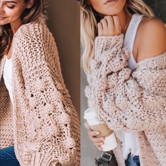 Sweaters - Honeycomb Sleeve Fuzzy Cardigan Knit Sweater Taupe